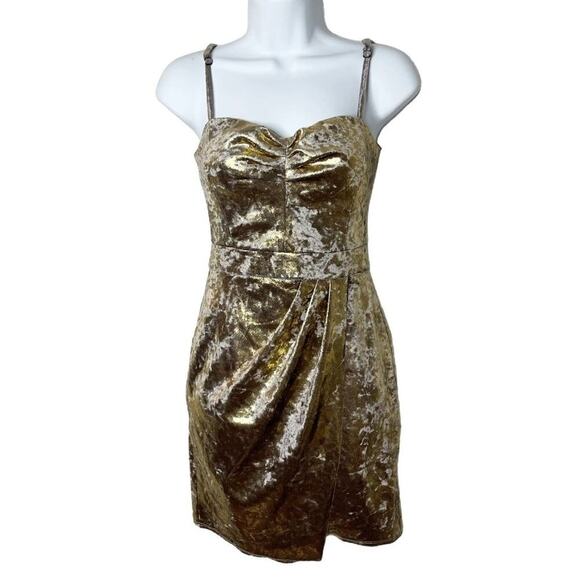 Zara Women's Mini Dress XS Burnished Gold Metallic Velvet Faux Wrap Sleeveless - Picture 2 of 8